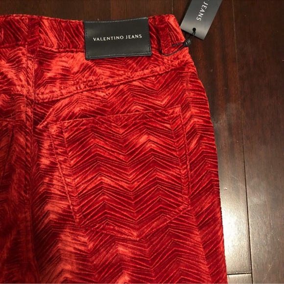 Valentino Red Crushed Velvet Jeans with Branded Button Vintage - Picture 6 of 9